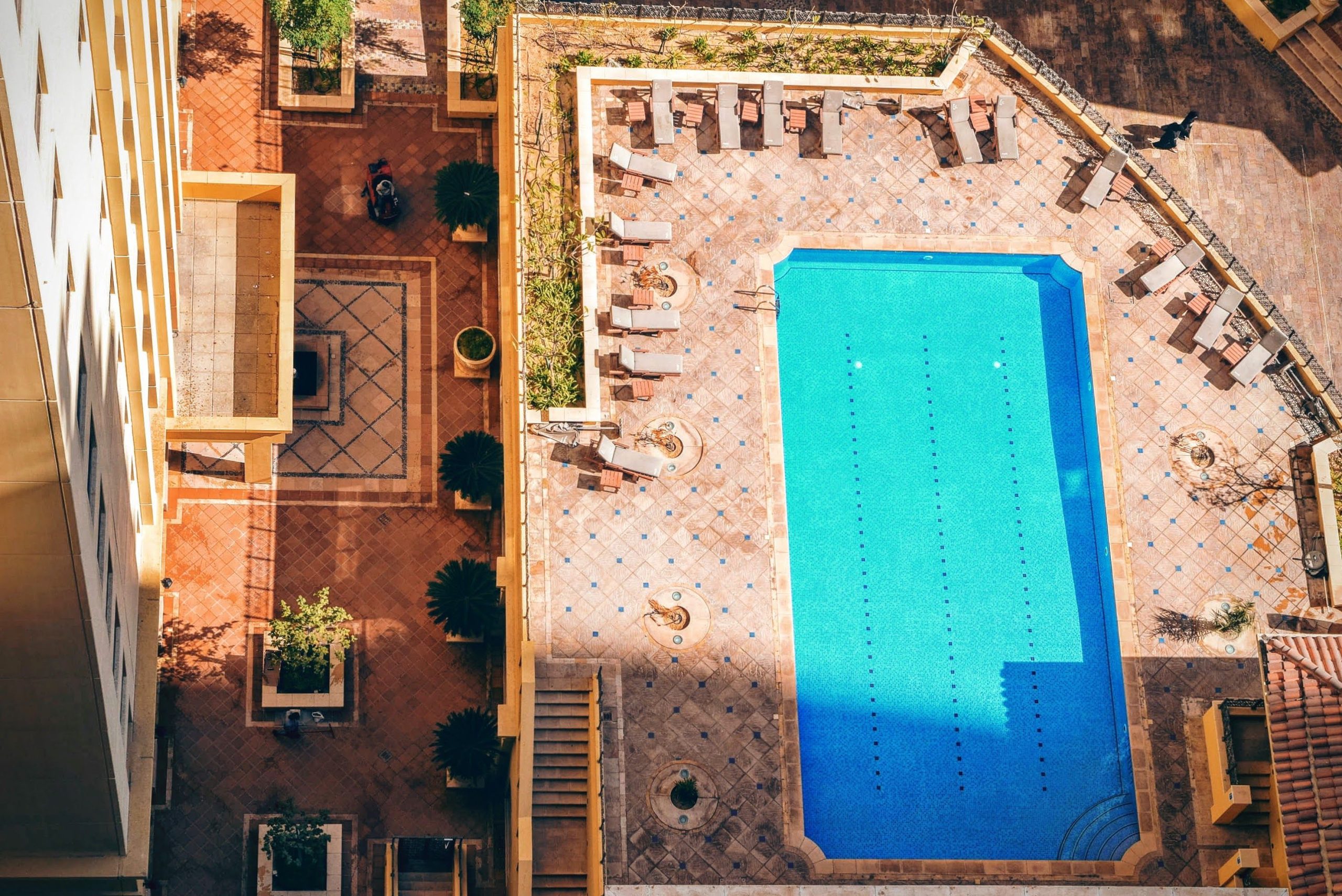 Piscine hôtel luxe terrasse ensoleillée