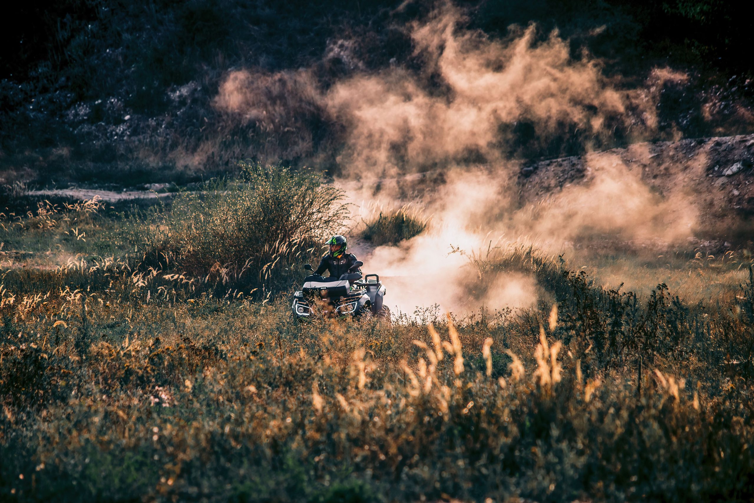 Quad en pleine vitesse dans un champ herbeux